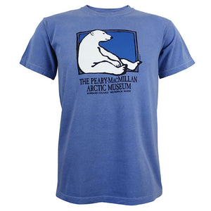 FloBlue short-sleeved T-shirt with picture of a polar bear sitting against the side of a rectangle with a blue background. Text beneath reads THE PEARY-MACMILLAN ARCTIC MUSEUM, BOWDOIN COLLEGE, BRUNSWICK, MAINE
