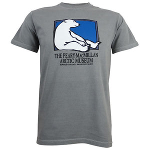 Gray short-sleeved T-shirt with picture of a polar bear sitting against the side of a rectangle with a blue background. Text beneath reads THE PEARY-MACMILLAN ARCTIC MUSEUM, BOWDOIN COLLEGE, BRUNSWICK, MAINE