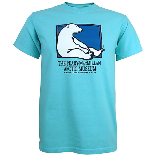 Lagoon blue short-sleeved T-shirt with picture of a polar bear sitting against the side of a rectangle with a blue background. Text beneath reads THE PEARY-MACMILLAN ARCTIC MUSEUM, BOWDOIN COLLEGE, BRUNSWICK, MAINE
