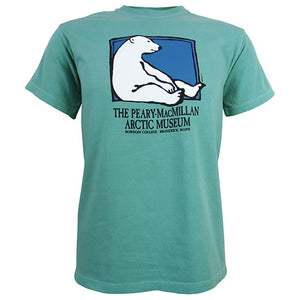 Seafoam green short-sleeved T-shirt with picture of a polar bear sitting against the side of a rectangle with a blue background. Text beneath reads THE PEARY-MACMILLAN ARCTIC MUSEUM, BOWDOIN COLLEGE, BRUNSWICK, MAINE