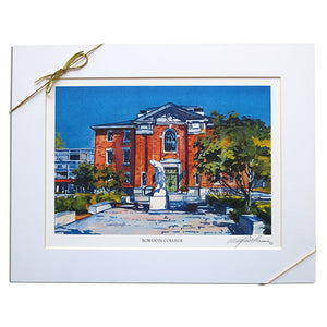 Watercolor print of Hyde Plaza with bear statue and entrance of Sargent Gym.