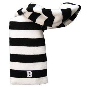 Black and white rugby striped knit scarf with embroidered B patch in white at one end, centered in a black stripe.