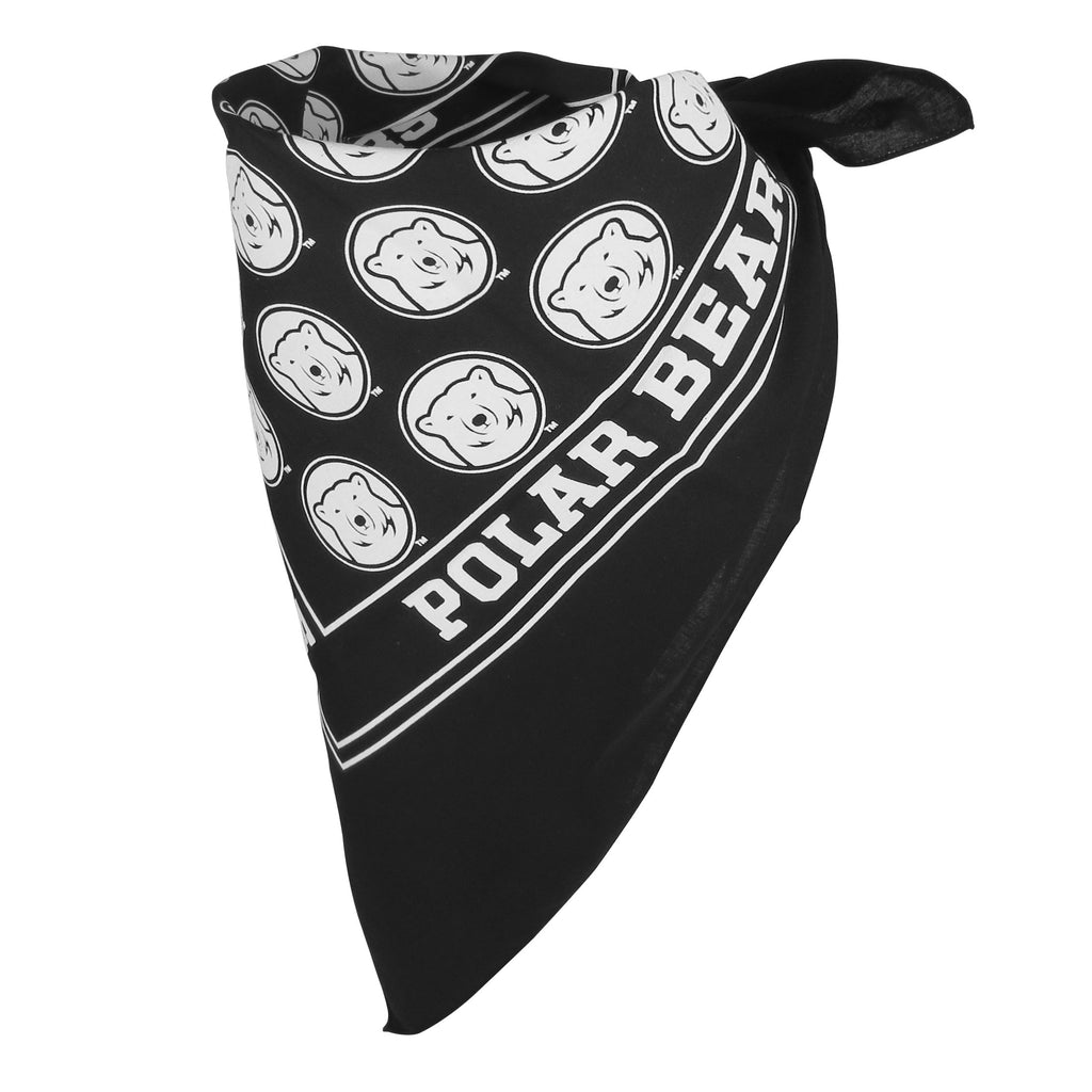 Black bandanna with all over polar bear medallion print and large print on border.