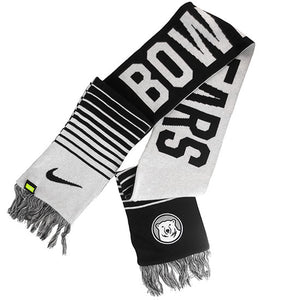 Winter scarf with stripes and knit in BOWDOIN on one side and POLAR BEARS on the other, with a mascot medallion on one end and a Nike Swoosh on the other.