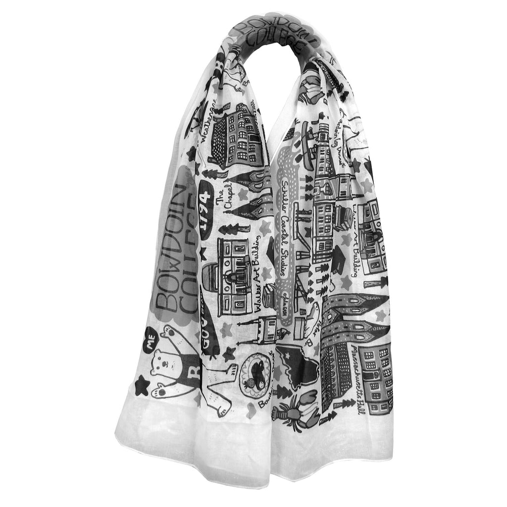 White scarf with black and grey illustrations of chickadee, Bowdoin Mascot, Bowdoin log dessert, Mass Hall, the Chapel, Walker Art, Hubbard Hall, the Hyde Plaza bear statue, and Schiller Coastal Studies.