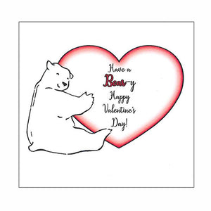 Valentine card front: A polar bear hugging a big heart with the text "Have a Bear-y Happy Valentine's Day!"