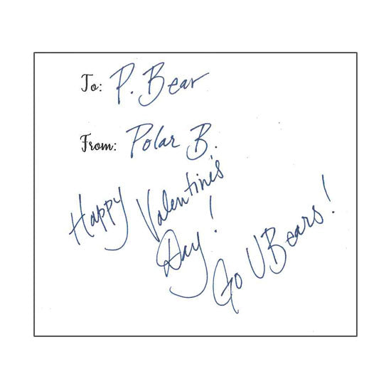 Back of Valentine card with printed "To" and "From" and sample handwritten text "Happy Valentine's Day! Go U Bears!"
