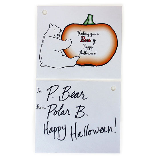 Two sides of Bowdoin Halloween card showing a polar bear hugging a pumpkin with the text "Wishing you a Bear-y Happy Halloween!" The reverse has the To and From, with handwritten to P. Bear from Polar B. Happy Halloween!