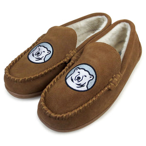 Cognac tan suede moccasin-style slippers with plush lining and embroidered Bowdoin polar bear mascot medallion
