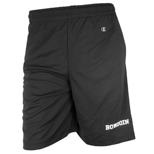 Black mesh shorts with white BOWDOIN imprint on lower left leg.