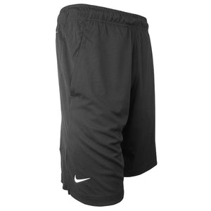 Right side view of black performance shorts showing white Nike Swoosh on right leg.