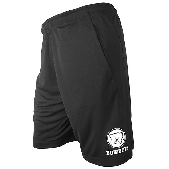 Left side view of black performance shorts showing white mascot medallion over BOWDOIN imprint on left leg.