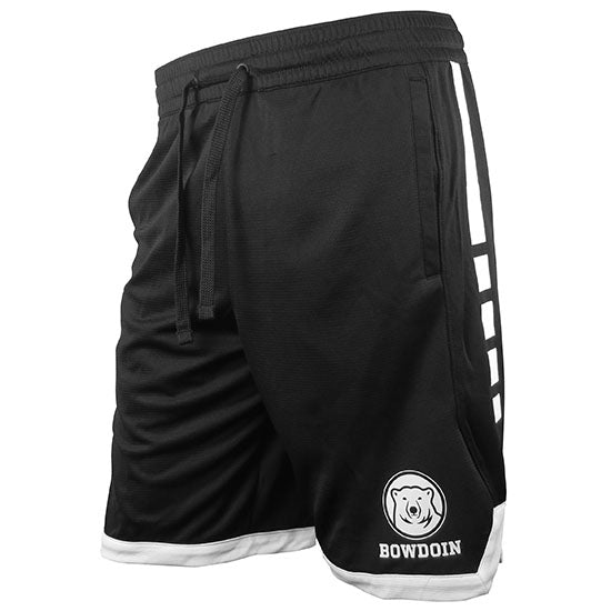 Black shorts with white trim and broken white stripe down side. Bowdoin mascot medallion over Bowdoin imprint on left leg.