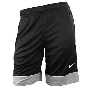 Men's basketball shorts in black with contrast hem in silver grey, white piping between black and grey fabric. White Nike Swoosh on black fabric of lower right leg.