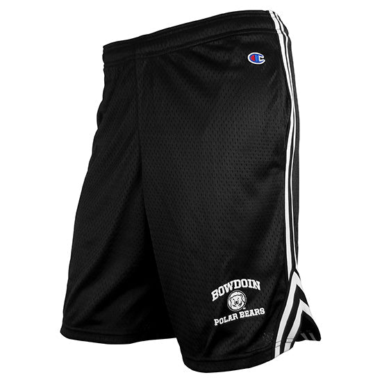 Black mesh shorts with double white side stripe. White BOWDOIN arched over mascot medallion over POLAR BEARS imprint on left leg.