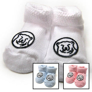 Montage of Bowdoin baby socks in white, blue, and pink.