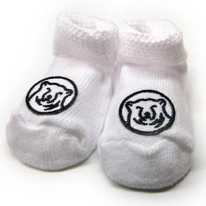 White baby socks with embroidered mascot medallion patch on top of foot.