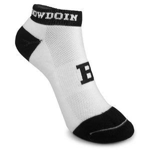 White ankle sock with black toe, heel, and cuff. Black B on top of foot, white BOWDOIN knit into cuff.