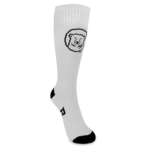 White crew sock with black heel and toe. Black B in arch of foot, polar bear medallion on shin.