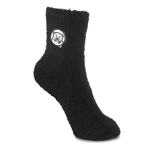 Black plush cozy socks with mascot medallion