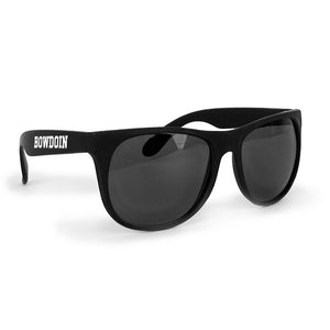 Black plastic sunglasses with white BOWDOIN imprint on bow.