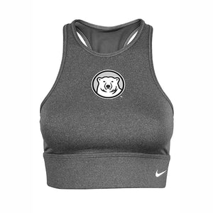 Carbon heather racerback sports bra with mascot medallion on chest.