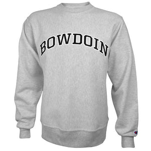 Silver-gray heathered crewneck sweatshirt with arched BOWDOIN stitching on the chest in black outlined with white. There is a small Champion C logo in red, white, and blue just above the cuff on the left sleeve.