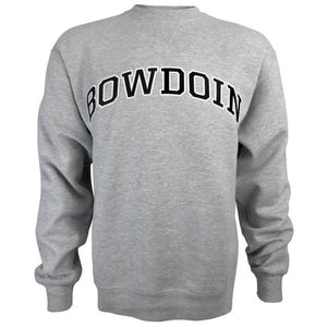 Oxford gray crewneck sweatshirt with arched twill BOWDOIN embroidered on chest in black with a white stroke outline.