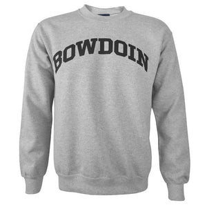 Heather gray pullover crewneck sweatshirt with black BOWDOIN arched imprint on chest.