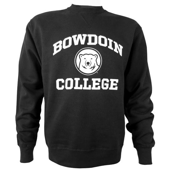 Black crewneck sweatshirt with white BOWDOIN over mascot medallion over COLLEGE imprint on chest.