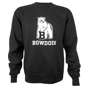 Black crewneck sweatshirt with white imprint of mascot over BOWDOIN.