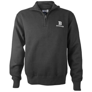 Black 1/4-zip pullover sweatshirt with white embroidery of a B over the word BOWDOIN on the upper left chest.