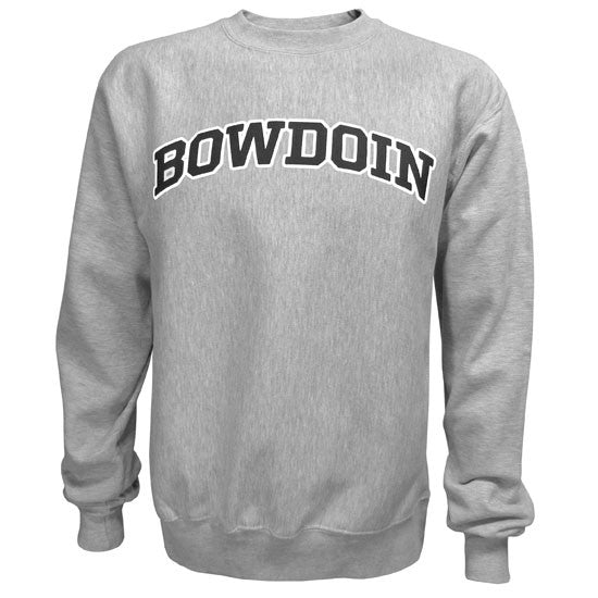 Oxford gray crewneck sweatshirt with arched BOWDOIN imprint on chest in black with white outline.