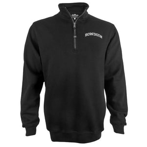 Black 1/4-zip sweatshirt with white arched BOWDOIN embroidery on left chest.