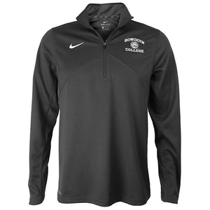 Charcoal gray 1/4 zip pullover with white Nike Swoosh on right chest and arched BOWDOIN over mascot medallion over COLLEGE on left chest.