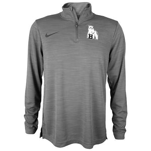 Lightweight grey pullover quarter-zip with grey Nike Swoosh on right chest, and imprint of Bowdoin polar bear on left chest.