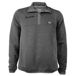 Charcoal grey quilted pullover with light grey trim and snaps. Bowdoin embroidered in black on right chest, and small L.L.Bean logo patch on left chest.