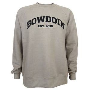 Tan crewneck sweatshirt with black arched BOWDOIN applique and black embroidered EST. 1794 on chest.