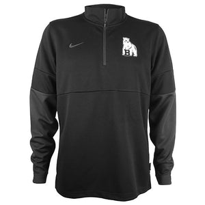 Black 1/4-zip pullover with dark grey sleeves below the elbows, and dark grey Nike Swoosh embroidery on right chest. White polar bear mascot imprint on left chest.
