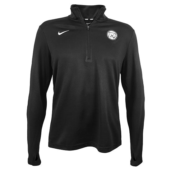 Black performance 1/4 zip pullover with white Nike Swoosh on right chest and white embroidered polar bear medallion on left chest.