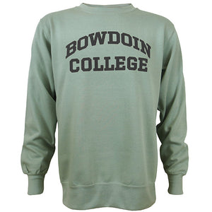 Crewneck sweatshirt in greenstone, a greyish green, with BOWDOIN arched over COLLEGE chest imprint.