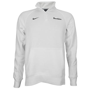White 1/4-zip pullover with front pouch pocket, black Nike Swoosh embroidered on right chest, black BOWDOIN wordmark embroidered on left chest.