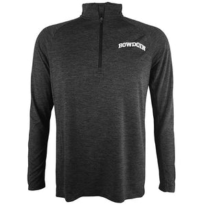 Black twist heather 1/4 zip pullover with white arched Bowdoin imprint on left chest.