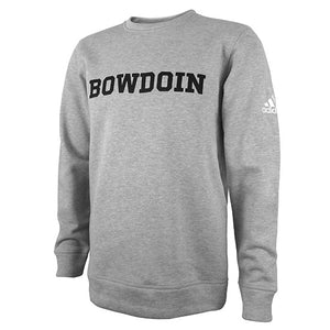 Heather grey crew sweatshirt with black BOWDOIN imprint on chest, and white Adidas logo on left upper arm.