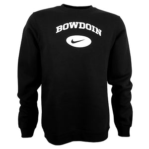 Black crew sweatshirt with white imprint of BOWDOIN arched over a Nike Swoosh in a white oval.