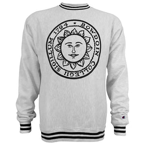 Silver grey crew with striped black and sliver trim. Large black college seal printed on chest.