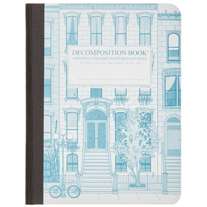 Tapebound Decomposition Book with cover imprint of brownstone house in blue on white.