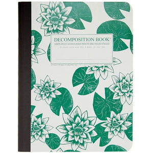 Tapebound Decomposition Book with cover imprint of water lilies and lily pads in green on white.