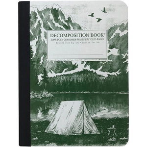 Tapebound Decomposition Book with cover imprint of a tent on a mountain lake in green.
