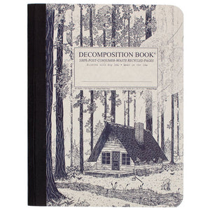 Tapebound Decomposition Book with cover imprint of log cabin in forest on natural craft board.